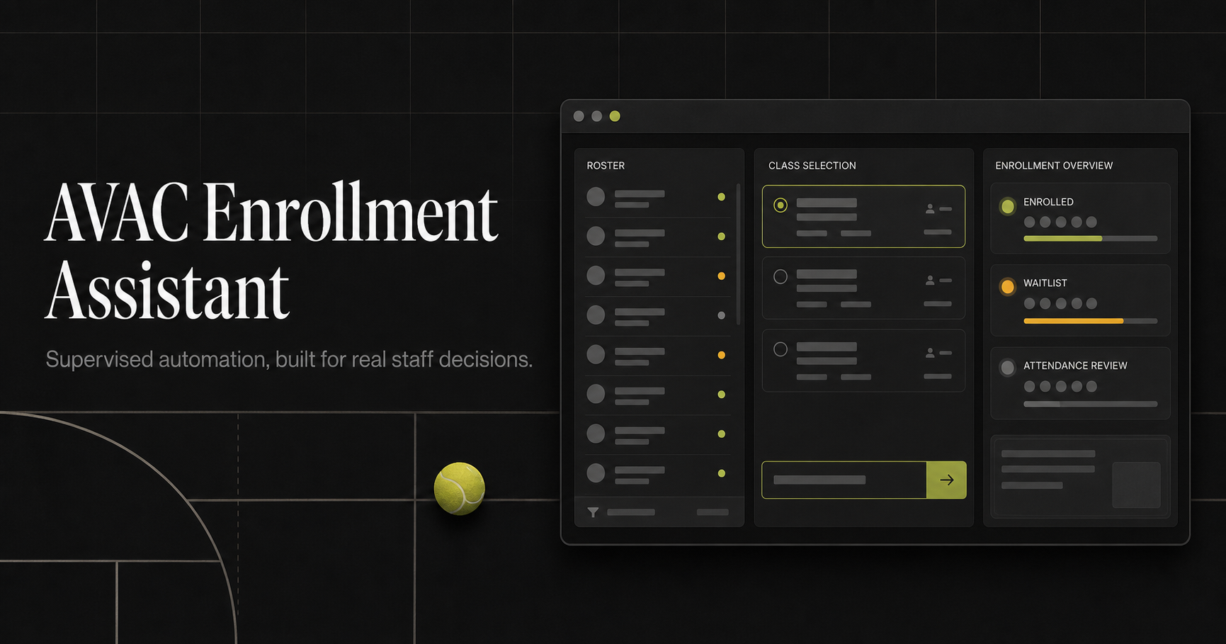 Illustrated AVAC enrollment assistant interface with synthetic roster and review states