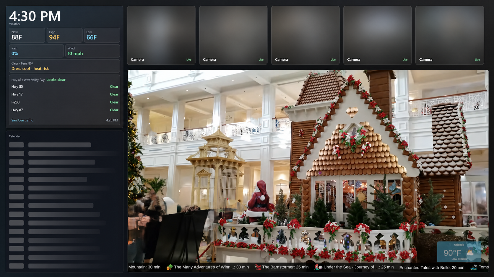 Current ClosetCast interface showing the latest five-camera layout, weather, traffic, calendar, and media features