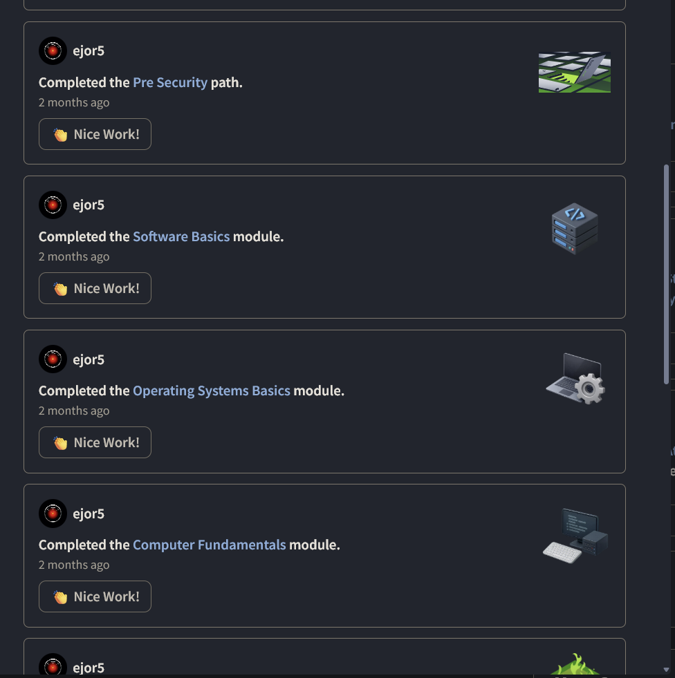 TryHackMe record confirming ejor5 completed the Pre Security path